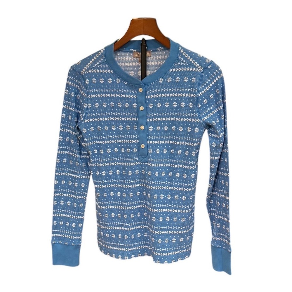NWT J.Crew Blue Fair Isle Snowflake Waffle Knit Henley Thermal Top Long Sleeve S